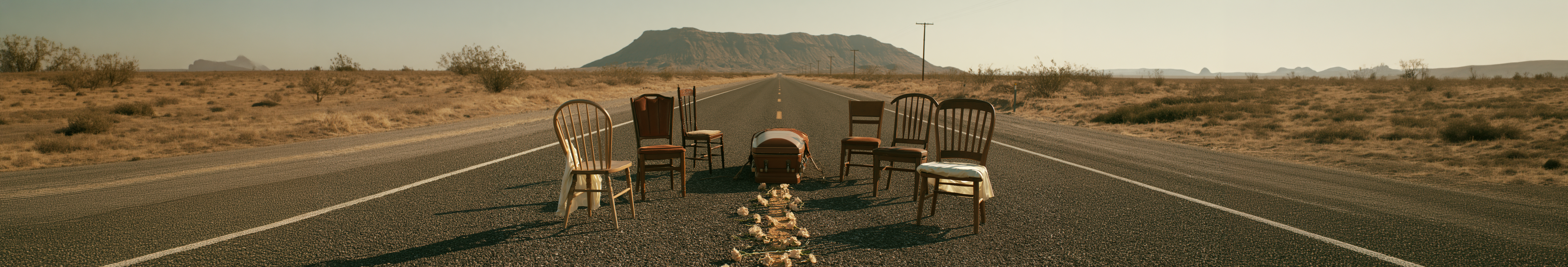 Six empty chairs around a coffin on a desert road, with flowers along the center line and mountains in the distance.